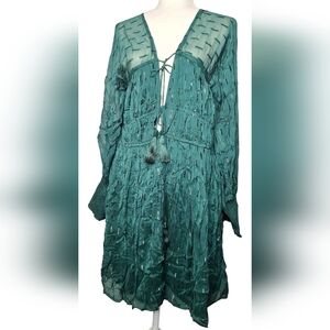 CIEBON Metallic Print Green Mini Dress With Tassels Babydoll Boho-chic Size L